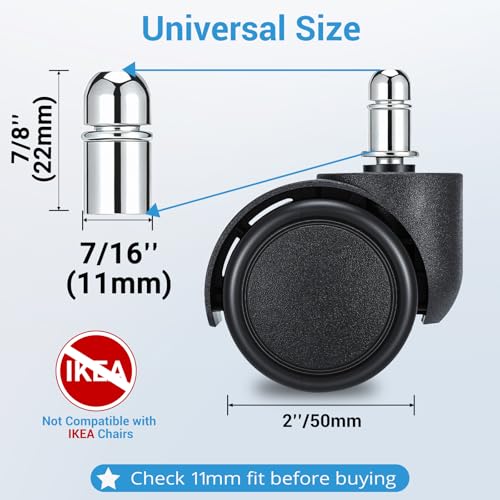 2-Inch Office Chair Casters Wheels Replacement with 11mm Stem – 5 Pack