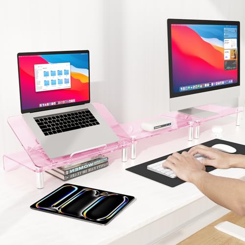 RQUOIRE Ergonomic Pink Acrylic Dual Monitor Stand with Adjustable Laptop Riser, Compatible with Desktop, Printer, TV and More Devices,monitor riser holder suitable for 2 monitors