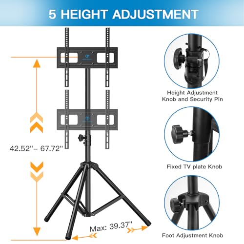 PERLESMITH 23-70 Inch TV Tripod Stand with ±20° Tilt & 360° Swivel, Height Adjustable 39.8-69.5 in, VESA 100x100–400x400mm, Holds Up to 88 lbs
