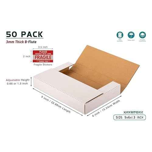 50 Pack 9x6x1.3 inch Mailing Boxes, Multi-Depth CD DVD Corrugated Cardboard Boxes with Fragile Stickers for Shipping, Storing, Package, Business or Home, White