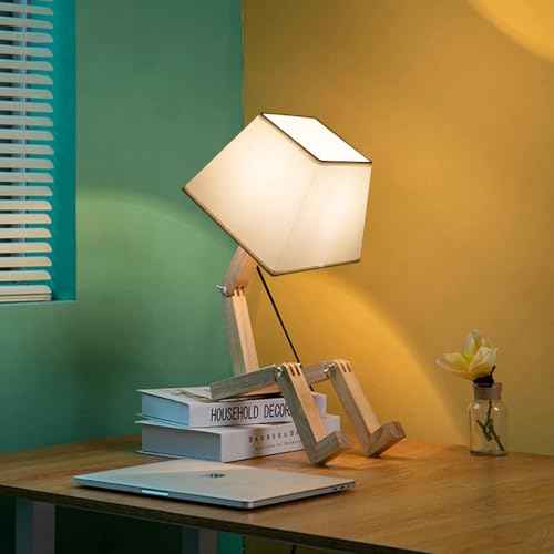 ELINKUME Cute Robot Desk Lamp,Unique Dimmable Bedside Table Lamps for Bedroom,Square Lampshade Night Light with Foldable Wood Body,Fun Kids Lamp,Nightstand lamp for Study,Office,Living Room Decor