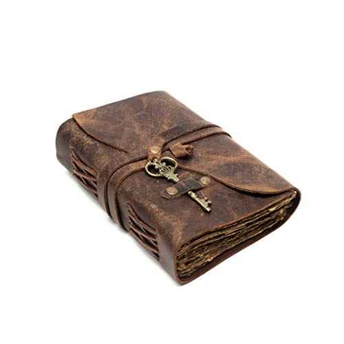 Vintage Leather Journal - Antique Handmade Deckle Edge Vintage Paper Leather Bound Journal - Book of Shadows Journal - Leather Sketchbook - Drawing Journal - Great Gift (Red Brown, 9"x6")