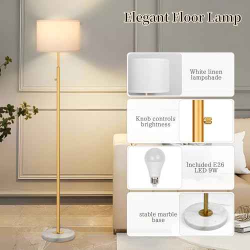 63.7" Modern Floor Lamp with White Marble Base & Linen Shade, Dimmable Tall Standing Lamp for Living Room & Bedroom, Gold Pole Light with 9W LED Bulb for Office Reading
