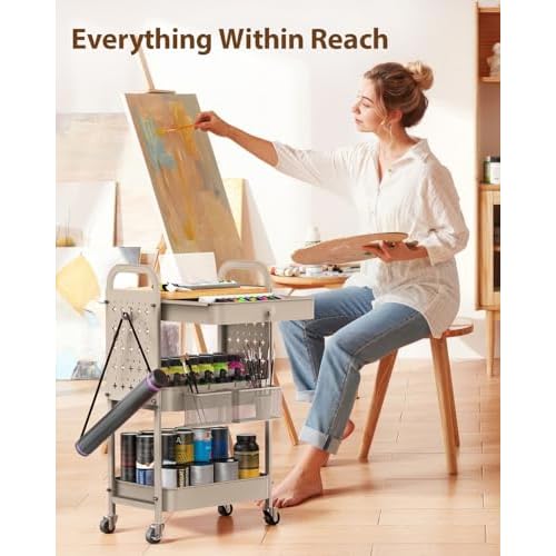 ALVOROG Rolling Cart with Drawer and Wood Table Top, 3 Tier Metal Rolling Utility Cart on Wheels with DIY Pegboards, Hanging Baskets, Hooks for Kitchen, Bedroom, Office, Craft Supplies