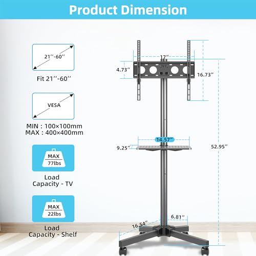 Mobile TV Carts on Wheels for 21-60 Inch Flat/Curved Panel Screens TVs - Height Adjustable Floor Trolley Stand with Shelf Holds up to 77lbs - Max VESA 400x400mm