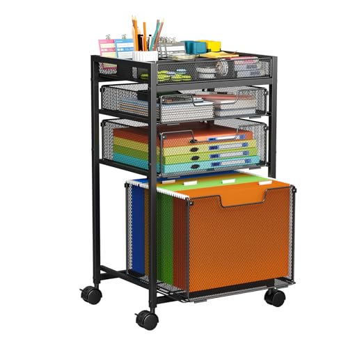 JKsmart Rolling File Cart with 3 Drawers (Black) - Under-Desk Filing Cabinet with DIY Dividers, A4/Letter Size