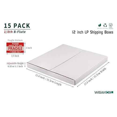 White Vinyl Record Mailers 12.8x12.8x1 inch LP Mailing Corrugated Cardboard Boxes, Easy Fold, Multi Depth Album Shipping Boxes with Fragile Stickers, 15 Pack