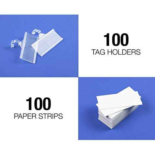 Pack of 100 - Plastic Wire Shelf Label Holder, Sign and Ticket Holder, Easy Clip Design with Tight Snap Lock Closure. Height, 1-1/4" X Width, 3" | "100 Label Inserts Included"