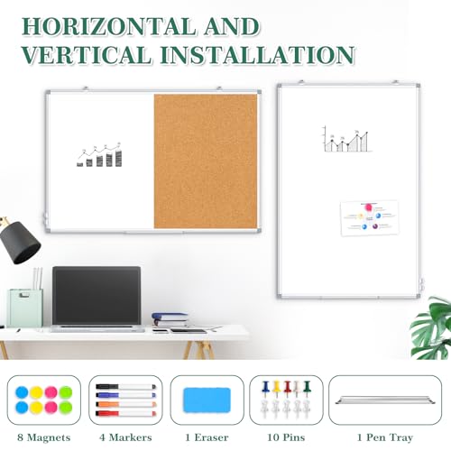 AMUSIGHT 36x24 Silver Double Sided Magnetic White & Cork Board Combo