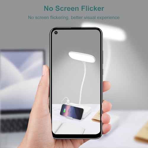 LED Desk Lamp with 2 USB Charging Port and 4 AC Power Outlet - 3 Lighting Modes, Adjustable Gooseneck, Eye-Caring Small White Table Lamp for Home Office College Dorm Room Essentials