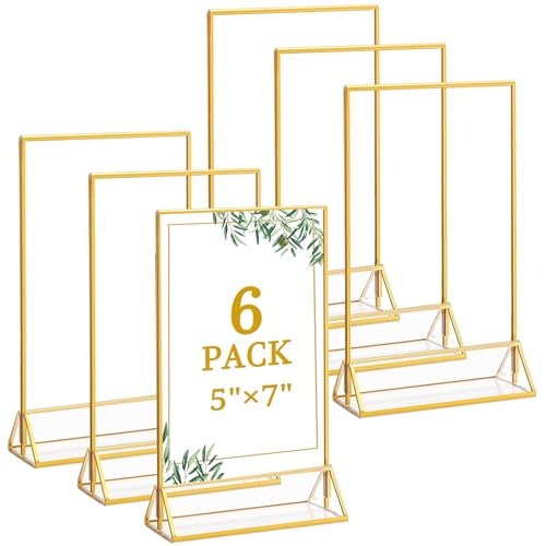 Floroom 6 Pack 5x7 Inch Clear Acrylic Sign Holders, Double-Sided Gold Display Stand Picture Frames for Table Numbers, Menus, Flyers, Weddings, and Offices