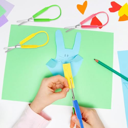 Telooco 3Pcs Children's Safety Loop Scissors with Colorful Handles – Green, Yellow, Pink, 5.5 Inch