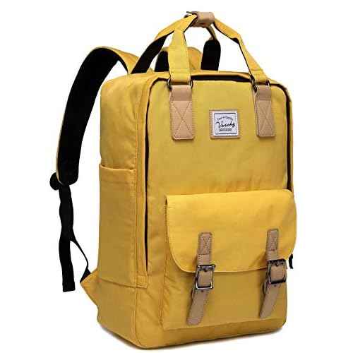 VASCHY Laptop Backpack for Men and Women, Unisex Vintage Water Resistant Casual Daypack Rucksack Bookbag for School College Yellow