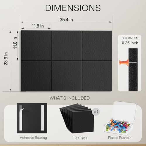 MaxGear Black Felt Bulletin Board 36" x 24" Large Wall Display Tiles with Push Pins
