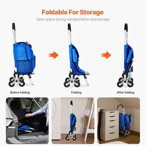VEVOR Stair Climber Trolley Dolly, 36L Folding Shopping Grocery Cart Trolley Laundry Stair Climbing Handcart with 6 Wheels & Oxford Cloth Bag, Foldable Cart for Shopping Grocery Laundry Climbing