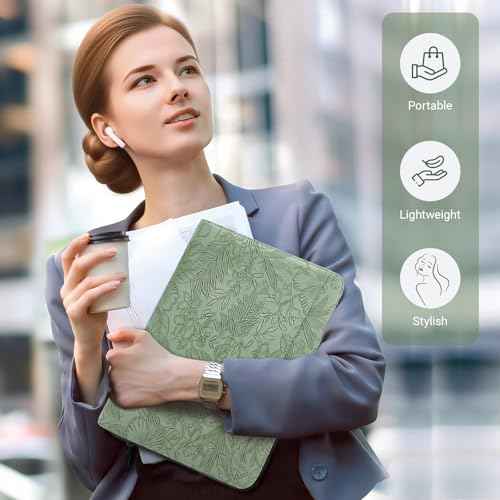 Green Embossed Faux Leather Zippered Padfolio with 3 Ring Binder, Executive Organizer Binder for Women, Fits 13.9" Laptop/Tablet, Refillable Writing Pad