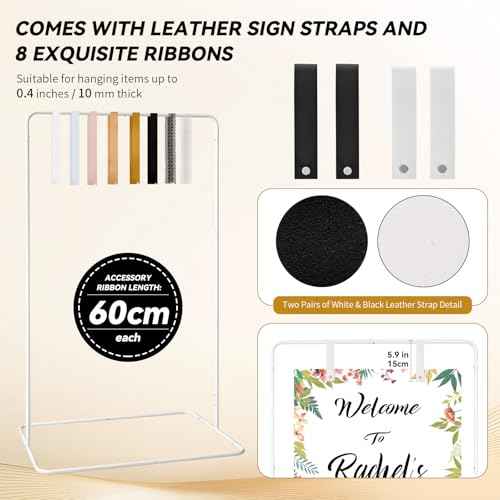 Wedding Sign Stand for Welcome Sign,Adjustable Easel Stand for Sign W/Design Bundle,Satin Ribbon,Leather Straps&Storage Bag, Wedding Sign Holder, Poster Stand for Display(White)
