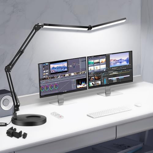 Toolour LED Desk Lamps for Home Office 2 in 1 Double Head Desk Lamp with Clamp Base,Remote Control,Dimmable Architect Clip on Desktop Computer Light Bar with Memory for Workbench Darkroom