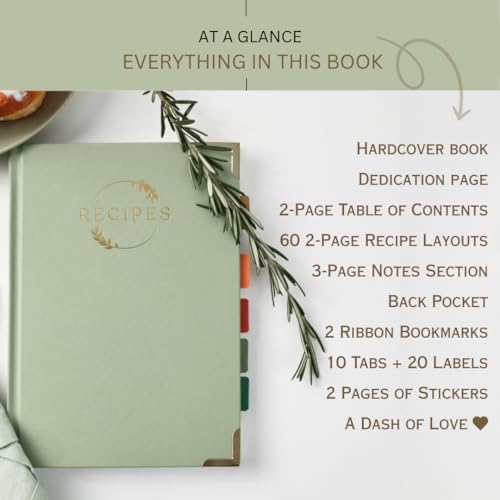 KIKAZE Green Leather Sage Recipe Notebook 60 Recipes | A4-Size Hardcover Journal with Tabs & Pockets