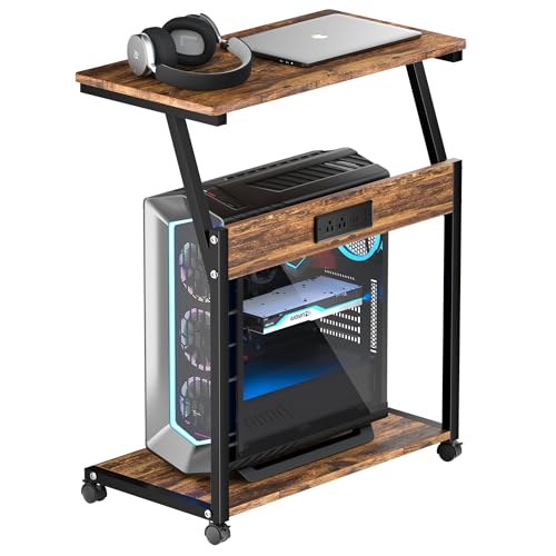 FANXIYQ Rustic Brown 2-Tier Computer Tower Stand with Built-In Charging Station (Wood Grain)