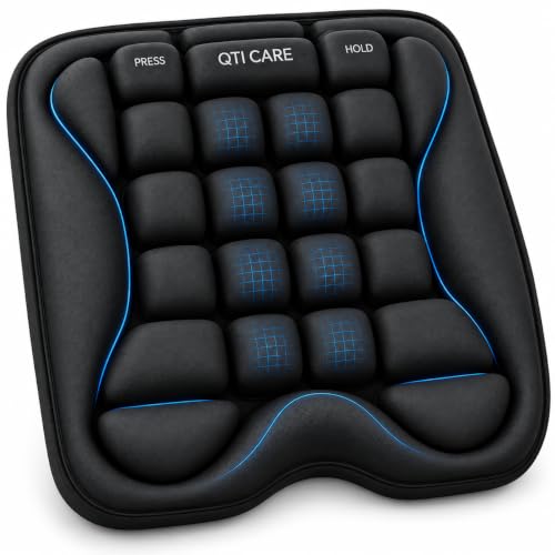 Qticare Air-Cell Travel Cushion XL Black – Inflatable Airplane Seat Pad with Built-in Pump