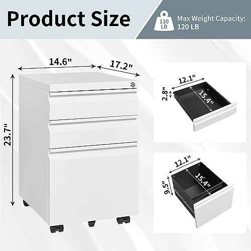 Mobile File Cabinet for Home Office, Lockable 3 Drawer Filing Cabinet with Wheels for A4-Size/Letter-Size/Legal-Size, Fully Assembled Except Casters, White