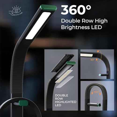 LED Desk Lamp with Eye-Caring Light, USB Ports, 7 Color Modes, Flexible Gooseneck & Headphone Stand for Home Office, Bedroom, and Study (Black Green)