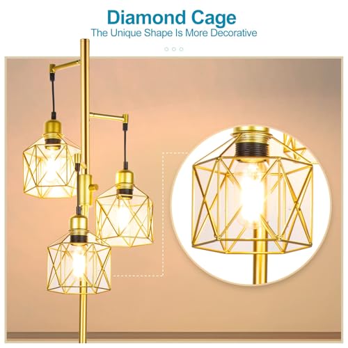 FAITHSAIL Industrial Tree Floor Lamp with Metal Cage Shade, 3-Light Farmhouse Rustic Tall Standing Lamp, Vintage Gold Pole Light for Living Room Bedroom Office Hotel