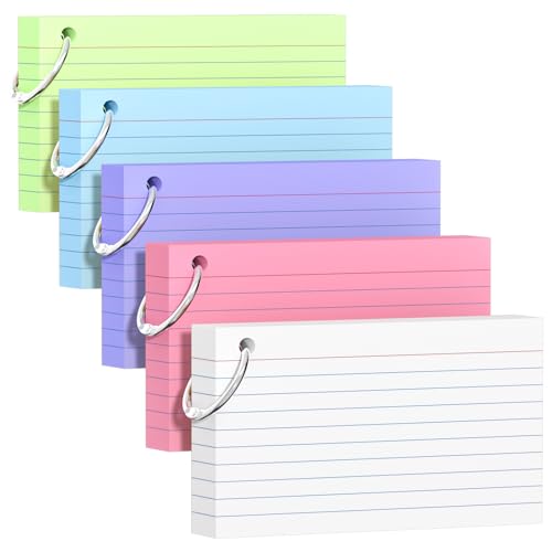 AILZFEI 250 Count Multicolor 3x5 Inch Index Cards with Key Ring, 180gsm Heavy Weight Flash Cards for Study & Office - 5 Colors