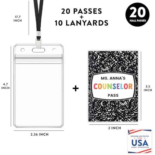 Andaz Press 20 Personalized Teacher Hall Pass Set with 10 Card Holder Lanyards, Composition Notebook Hallway Passes, Cardstock Hall Passes for Classrooms, Custom Teacher Name School Pass, 3.5x2 Inch