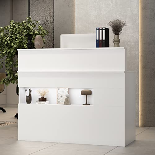 Reception Desk with Lighted Display Shelf, Lockable Drawers - 47.2" White
