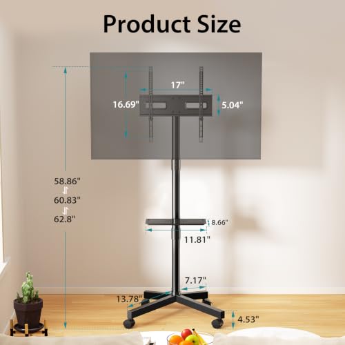 OLIXIS Deep Black Rolling TV Stand for 23-60 Inch Screens with Wheels & Adjustable Tilt