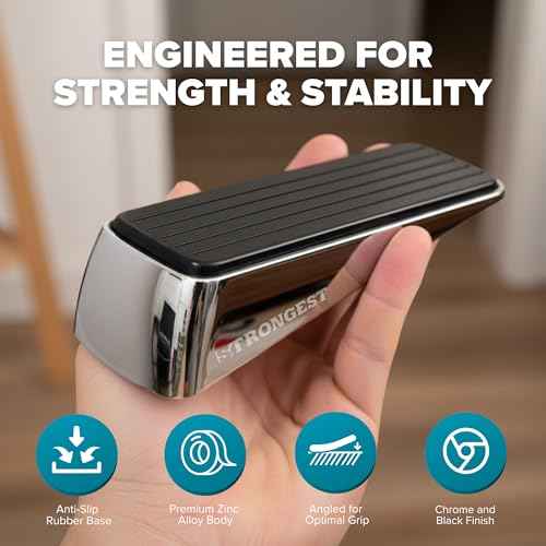 Strongest Home Heavy Duty Door Stopper Wedge (2 Chrome PCs) | Non-Slip Rubber and Metal Door Stop for Heavy Doors| Work on Wood, Tile, Carpet + 2 White Wall Protectors