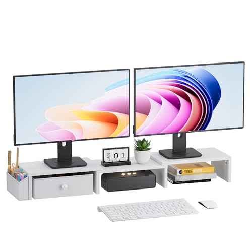 Dual Monitor Stand Riser, Adjustable Length & Swivel Angle Monitor Stand, Ergonomic Monitor Stand with Drawer & Side Pockets, Desktop Organizer and Office Desk Accessories, White