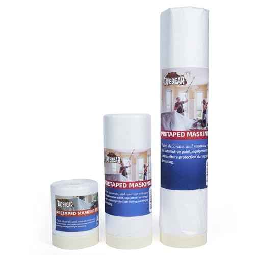 TAPEBEAR Upgrade Pre-Taped Masking Film Extra Thick, High Temp Tape and Drape 3-Size, Plastic Cover for Automotive, Painting, Plastic Sheeting Masking Tape Film for Auto, Floor, Furniture