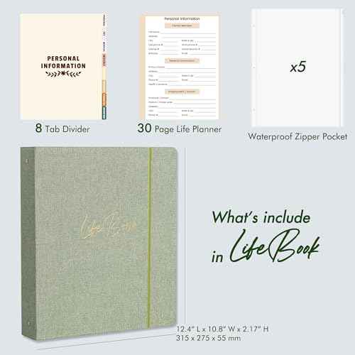 Life Book Document Organizer Folio, End of Life Planner 3 Ring Binder for 8.5x11" Important Papers, Aesthetic Linen In Case If I Die File Folder (Sage)