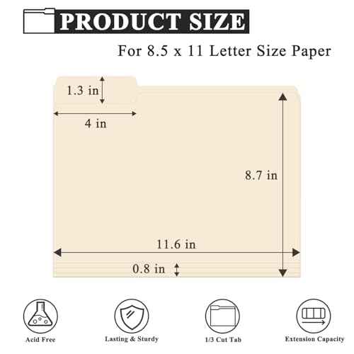 Manila Folders 8.5 x 11 | 1/3 Cut File Folders Letter Size | Manilla File Folders 8.5 x 11 Pack of 100 | Paper Folders for Documents, Business, School, Classroom and Office Supplies.