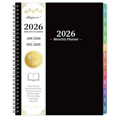 2026 Monthly Planner - JAN. 2026 - DEC. 2026, 2026 Planner with Colorful Tabs, 8" x 10", Monthly Planner/Calendar 2026 with Contacts, Back Pocket, Thick Paper, Twin-Wire Binding - Waterproof Cover(Black)