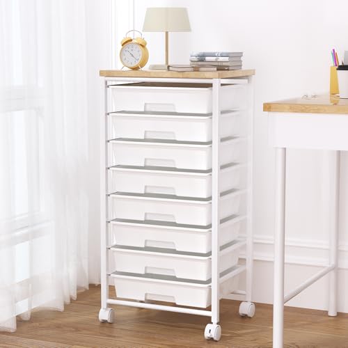 Neatevday White Rolling Cart with 8 Drawers, Wooden Top & Lockable Wheels