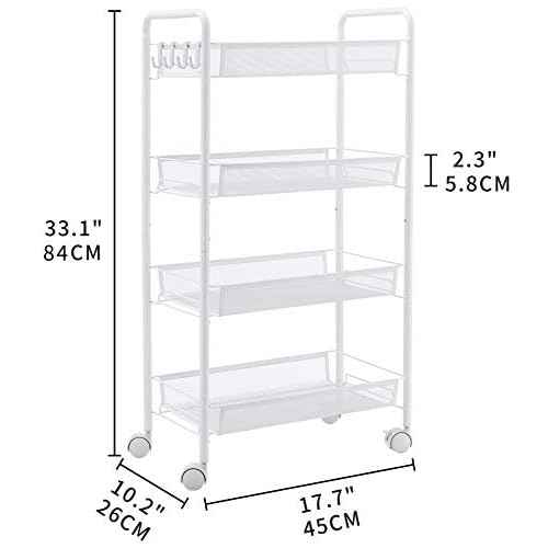 JANE EYRE Rolling Utility Storage Rack Cart on Wheels, Trolley Carft cart, Multi-Purpose Organizer Shelf (White, 4 Tier)¡¦