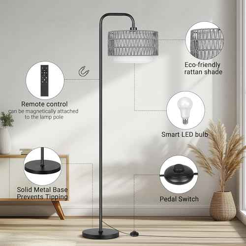 PARTPHONER 68¡®¡¯Floor Lamp for Living Room, Tall Standing Lamp with Remote 3 Color Temperatures Dimmable Bulb, Gray Rattan and Fabric Dual Shades