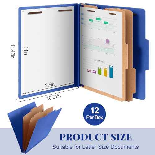 Skyygemm 12 Pcs Classification Folders Letter Size Bulk - 2 Dividers Pressboard File Folder with 3.5 Inch Expansion, 2 Prongs Fastener, Heavy Duty Office File Organizer for Teacher Medical (Dark Blue)
