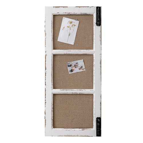 SOFE 32 Inch Long Linen Framed Bulletin Board, Creative Window Frame Wall Decor, Distressed White Fabric Pin Board, Narrow Farmhouse Message Board Decorative Vision Board/Memo Board