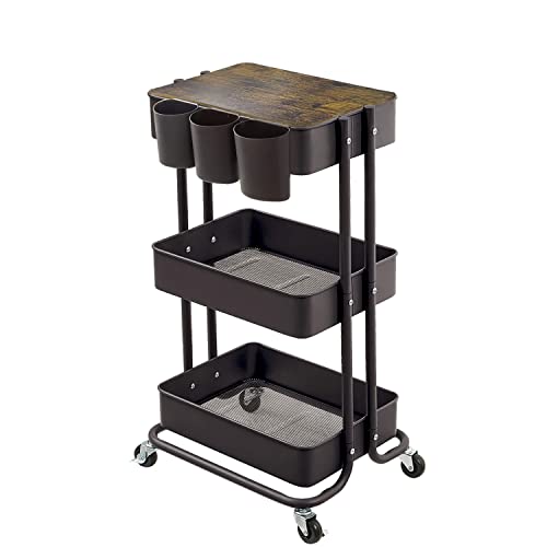 3-Tier Metal Utility Rolling Cart Storage Side End Table with Cover Board and Handle for Office Home Kitchen Organization, Black