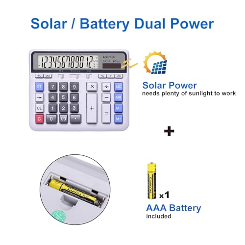 Comix Desktop Calculator Solar Battery Dual Power with 12-Digit Large LCD Display and Large Computer Keys Standard Function Calculator for Home Office School, White(2 Pack)