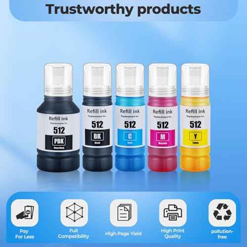 512 Ink Refill Bottles ET-7700 ET-7750 Replacement for 512 Ink Refill Bottles Black Works for ET 7700 ET 7750 Eco Tank ET7700 ET7750 Printer, 5 Pack 512 Ink Refill Bottles (2BK C M Y)