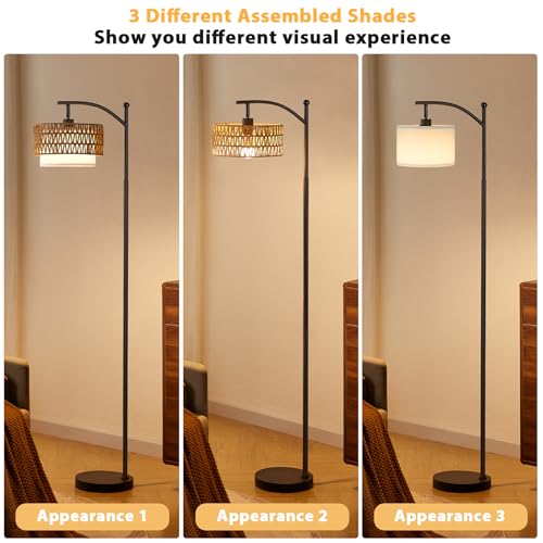 Ambimall Arc Floor Lamp for Living Room with Remote, Color Temperature & Brightness Adjustable, Boho Standing Lamp with Rattan & Fabric Double Drum Shades, Bulb Included(Black)