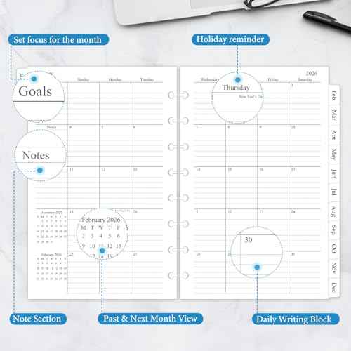 2026 Monthly Planner Refill, A5 Medium Size Planner Inserts for 8-Disc Discbound, 5.5"x8.5", Jan. 2026 - Dec. 2026, 12 Monthly Calendars with Laminated Tabs