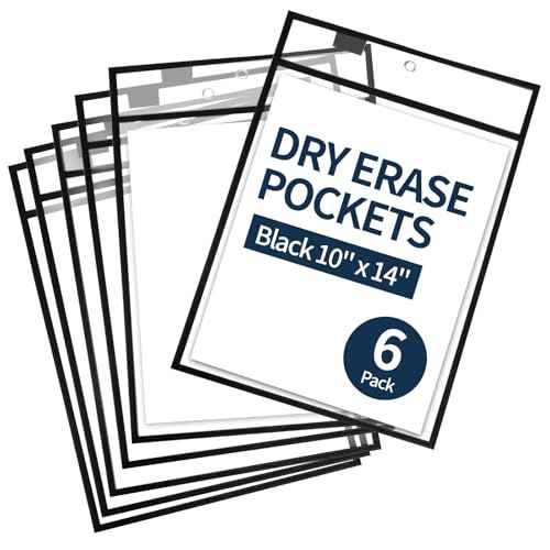 Ufamrine 6 Pcs Dry Erase Pockets Sleeves Black, Job Ticket Holders (10" * 13"), Reusable Plastic Sleeves for Teacher Classroom