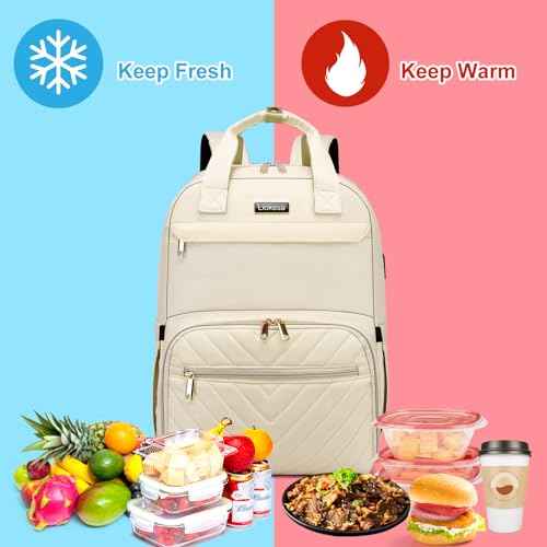 Lunch Backpack for Women, Water Resistant Insulated Cooler Lunch Bag, 15.6 inch Laptop Backpacks with USB Port, Picnic Backpack with Lunch Box, for College Work Camping Beaches, Beige